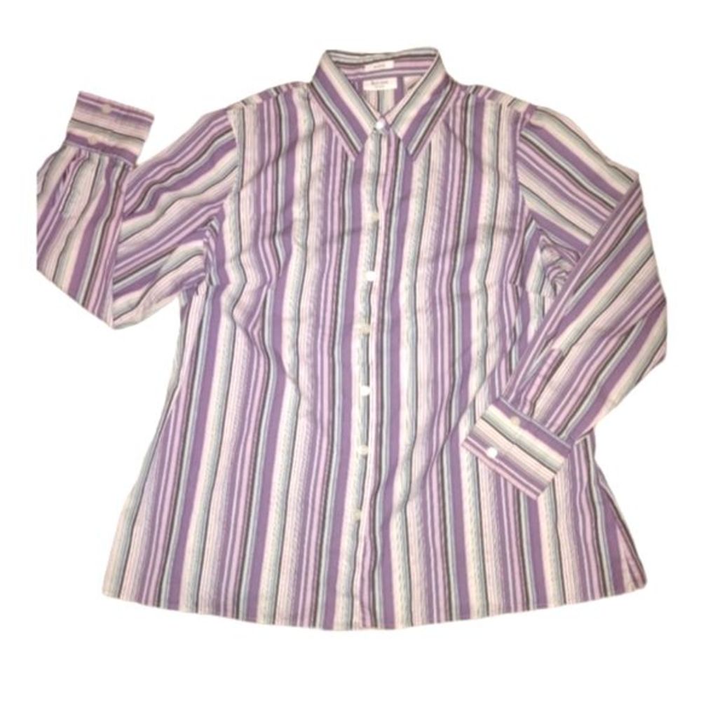 Liz & Co. Purple &‎ Green Striped Long Sleeve Button Front Shirt Plus Size 1X